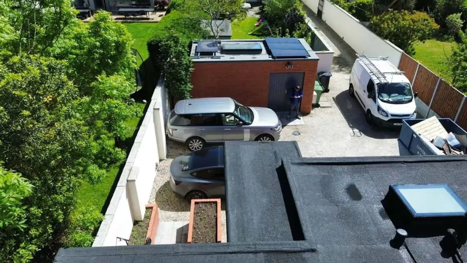 Felt flat roof on a garage seen from above