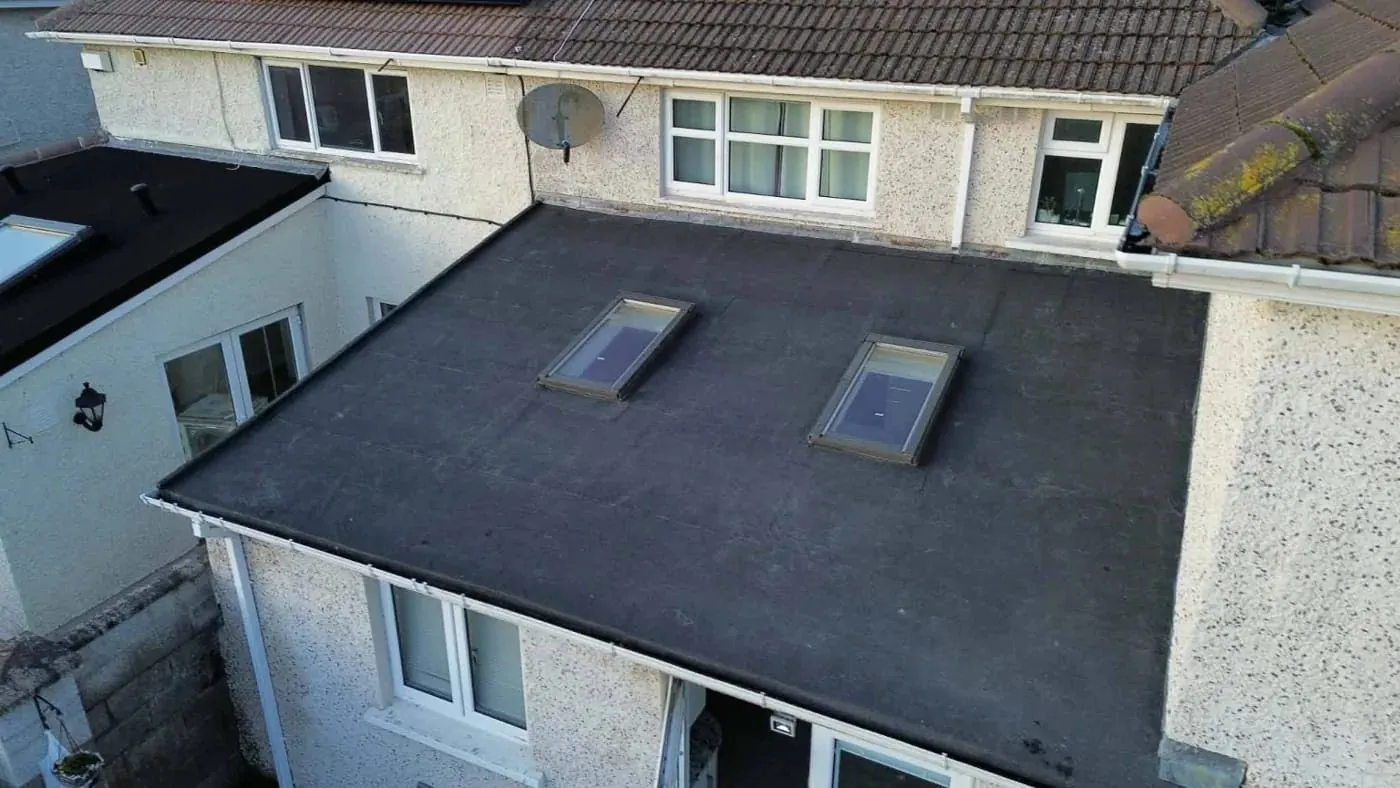 Torch-on felt roof with two rooflights